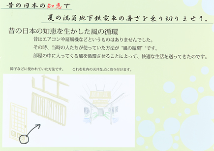 『日本の知恵で夏の満員地下鉄電車の暑さを乗りきりませう。』